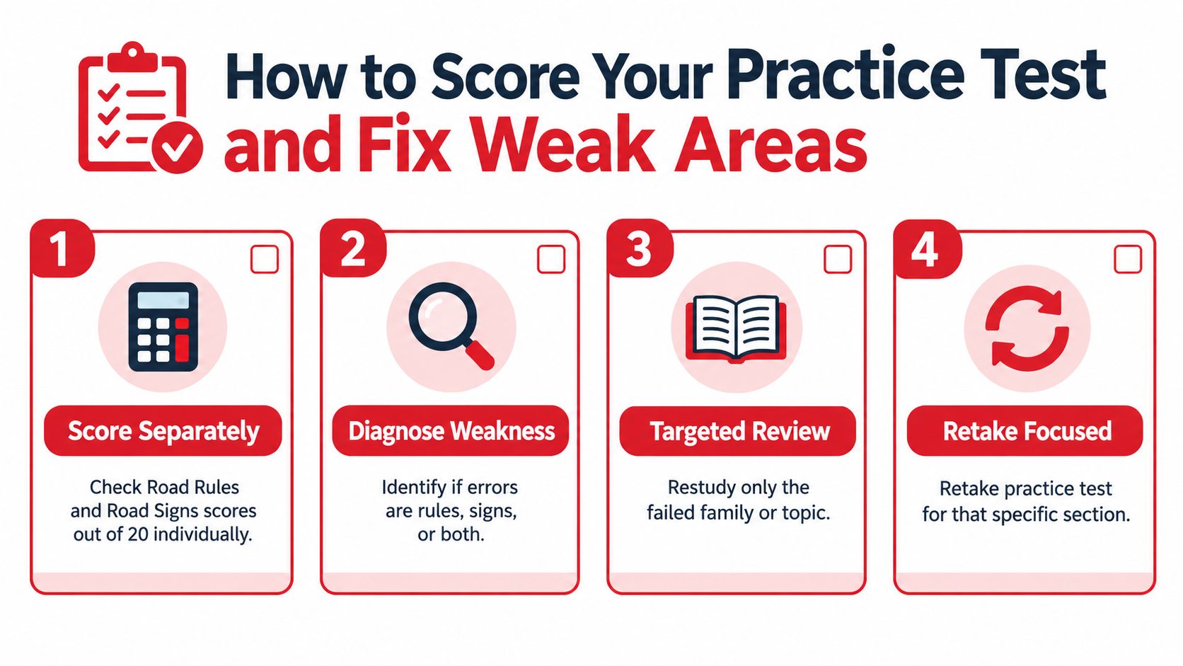 An infographic showing four steps to improve a driver's permit practice test score by analyzing weak areas.