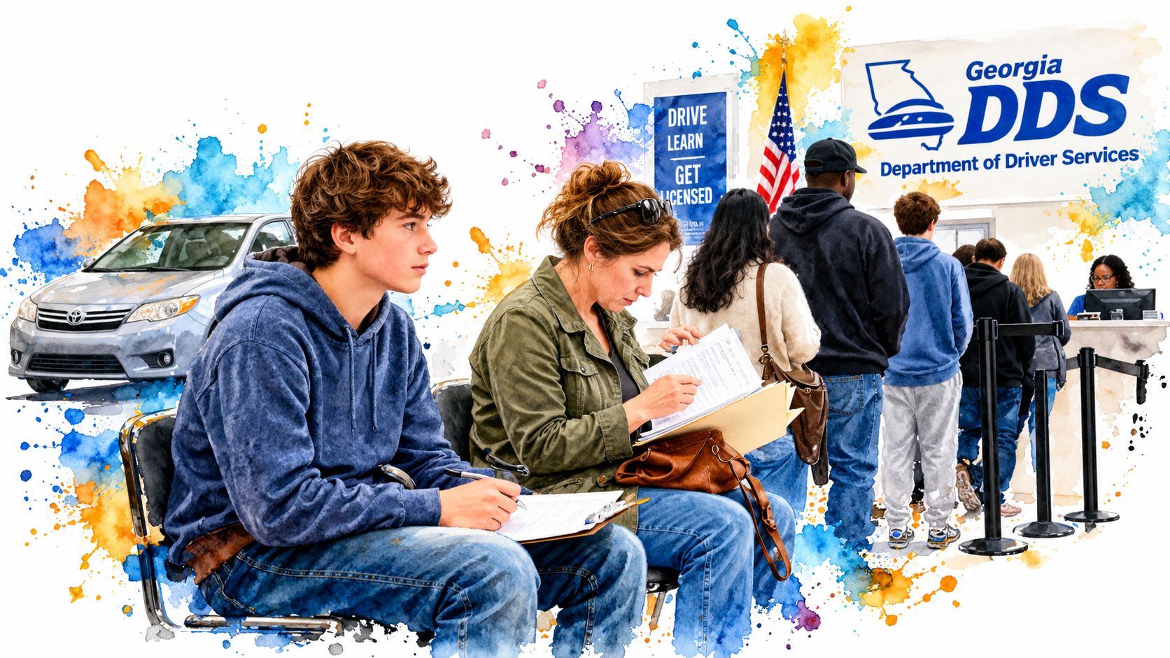 A young man and woman sitting in a waiting area at a Georgia Department of Driver Services office.