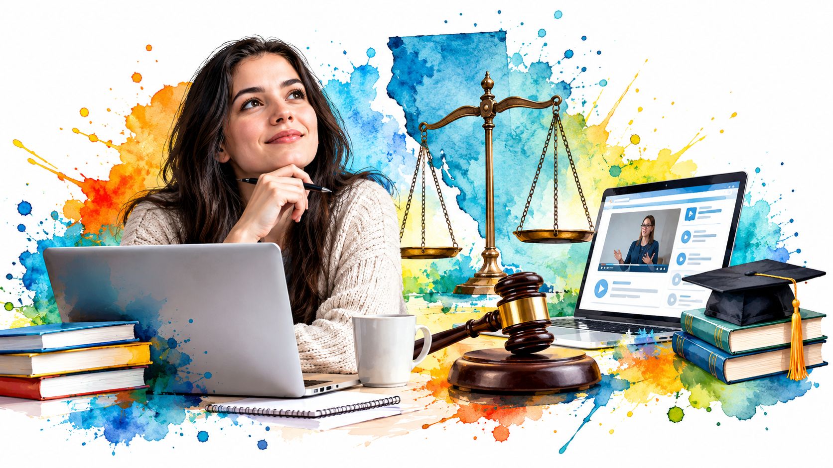 A female law student sitting at a desk with a laptop, gavel, books, and balance scales.