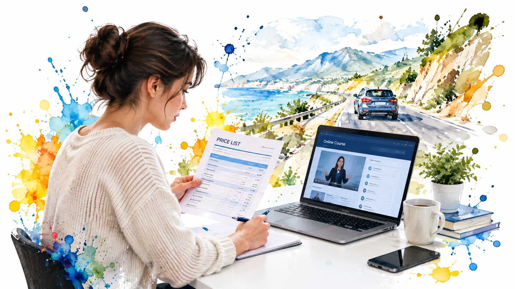 A woman sits at a desk studying a price list while watching an online driving course.