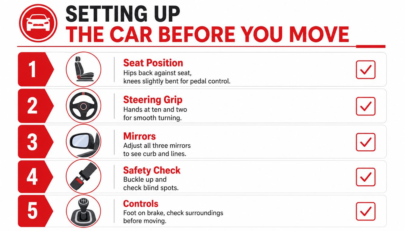 A five-step instructional guide titled Setting Up The Car Before You Move with illustrative icons.