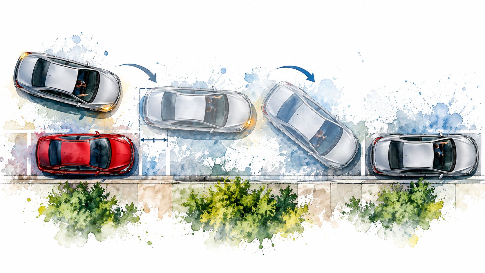 An illustration showing a car performing parallel parking into a space between two other parked vehicles.