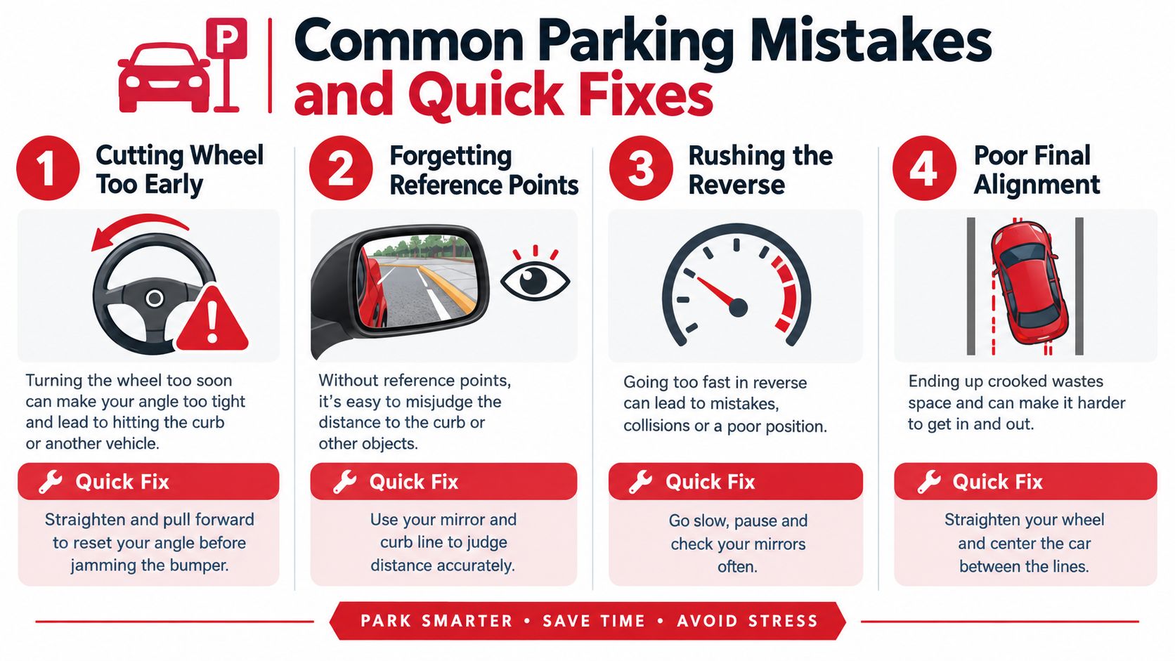 An infographic showing four common parking mistakes and their quick fixes to improve driver skills and confidence.