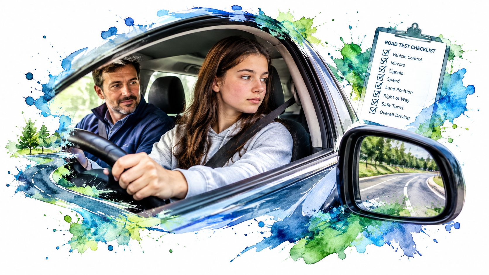 A driving instructor observes a young woman practicing driving skills while focusing on a road test checklist.