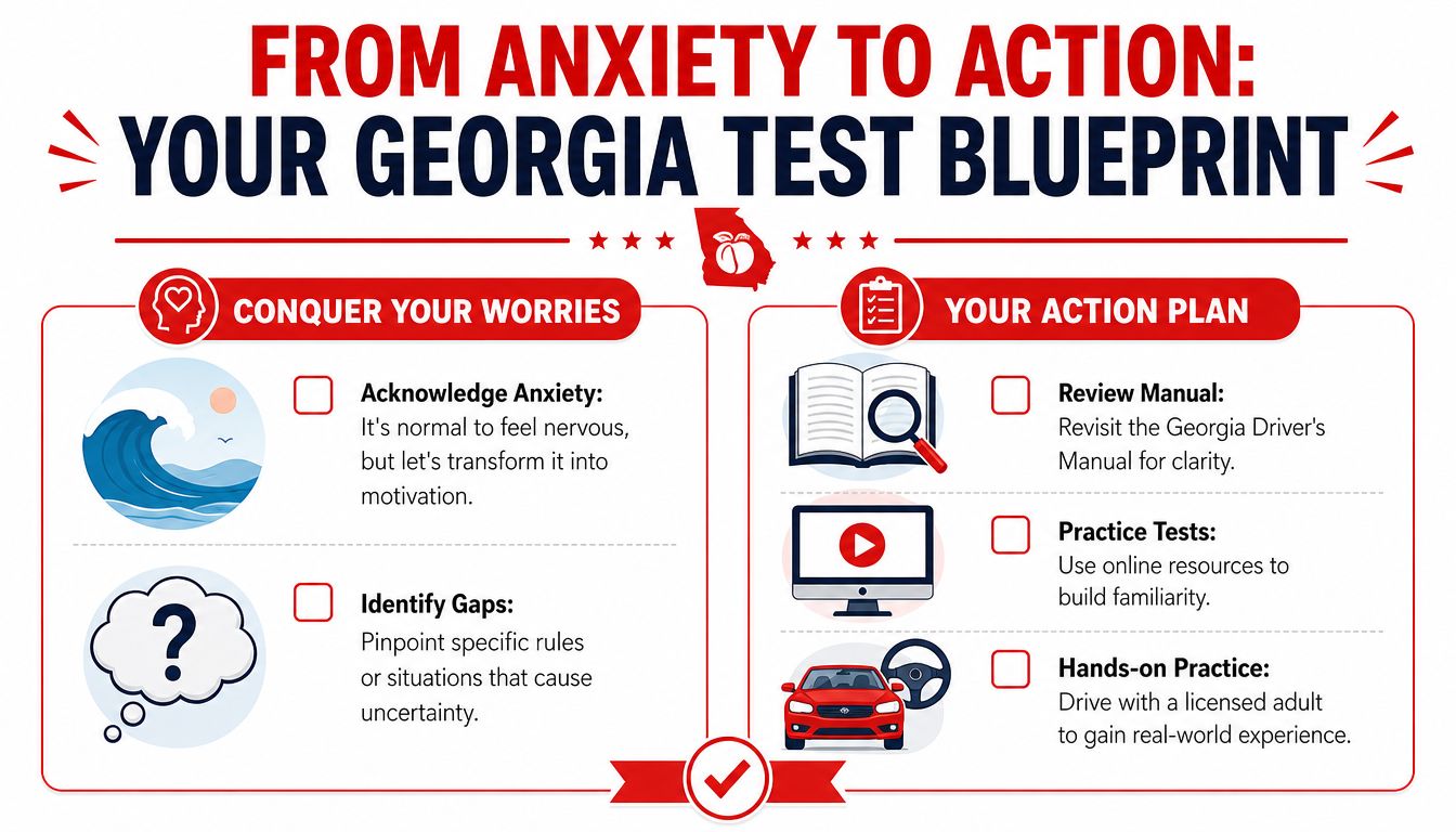 An infographic titled From Anxiety to Action featuring tips for preparing for a Georgia driving test.
