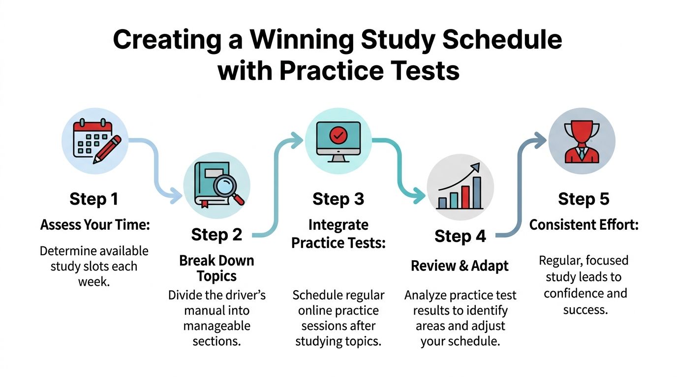 An infographic showing five steps for creating a study schedule for passing a driver's license test.