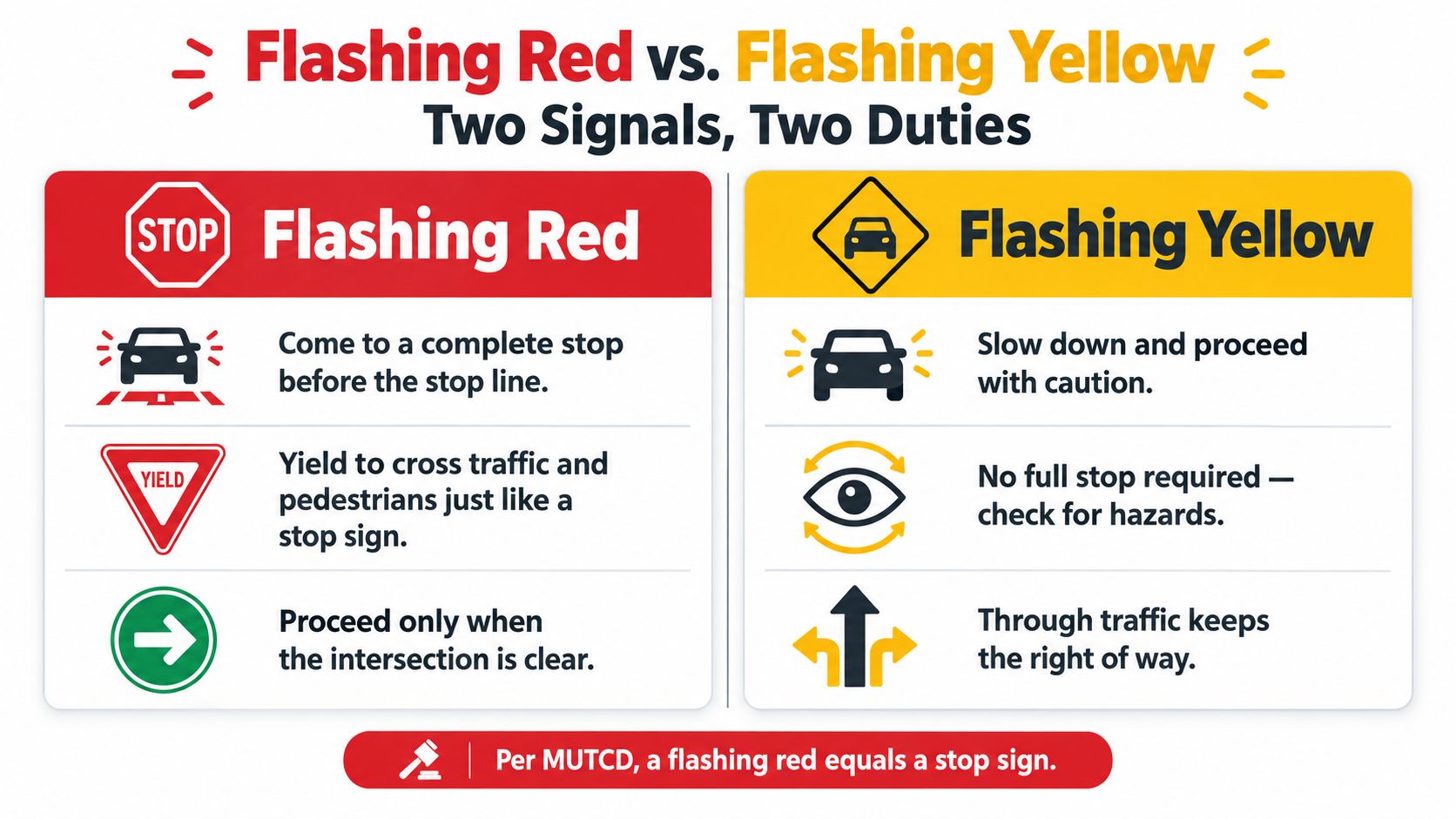 An infographic comparing traffic rules for flashing red and flashing yellow traffic signals for drivers.