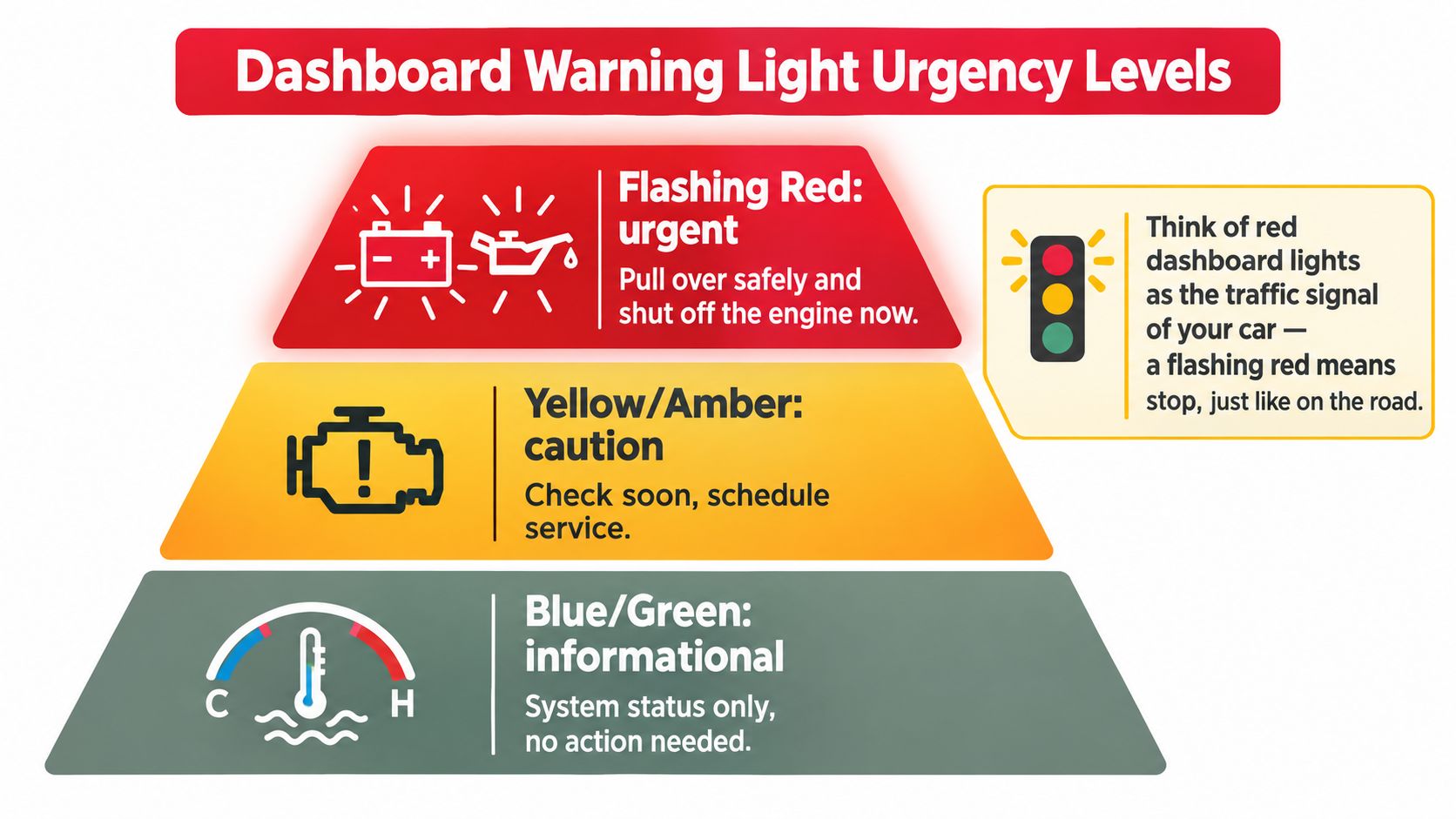 An infographic showing car dashboard warning light urgency levels categorized by red, yellow, and blue colors.