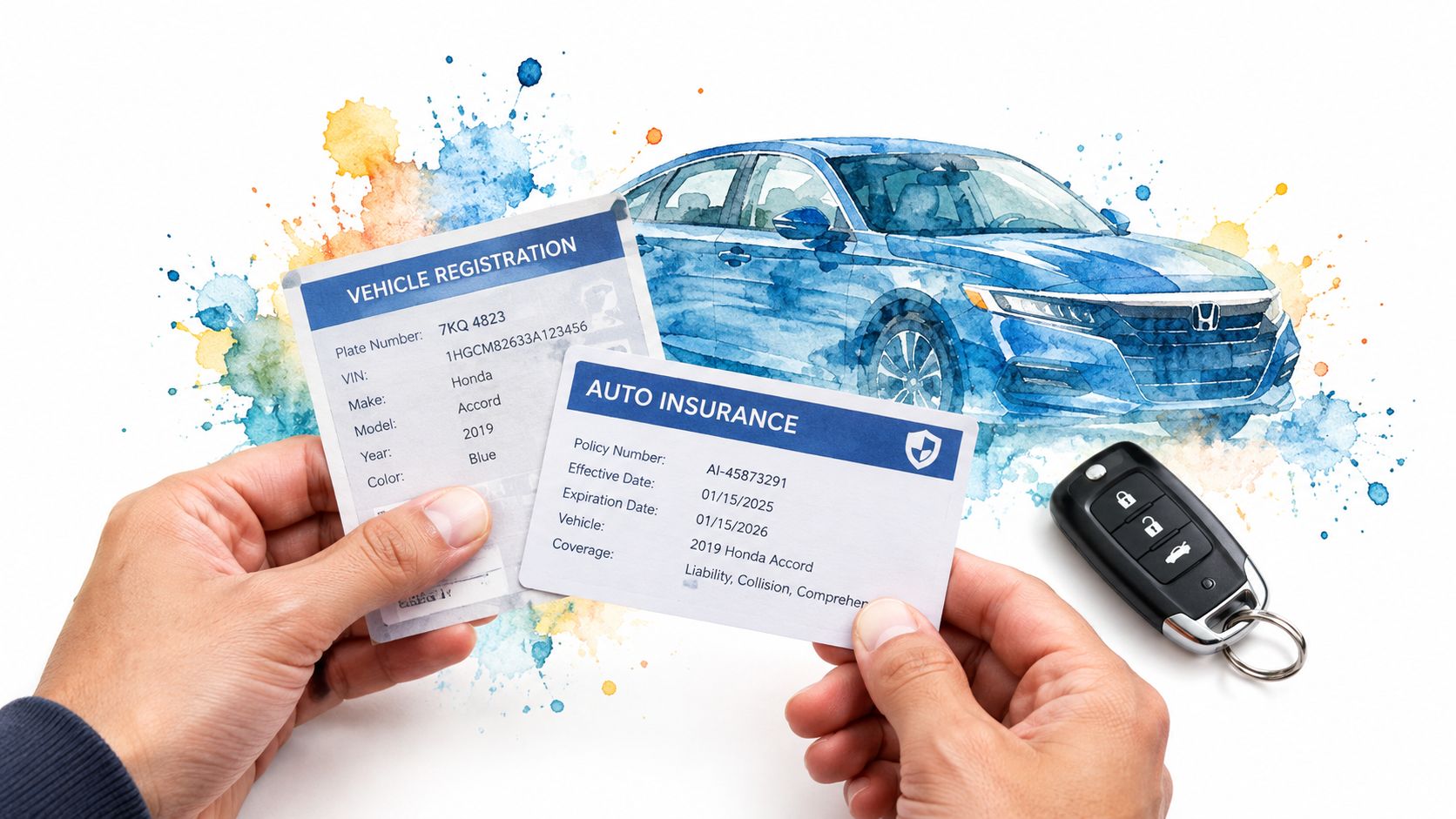 A person holding a vehicle registration and auto insurance card next to a car key fob.
