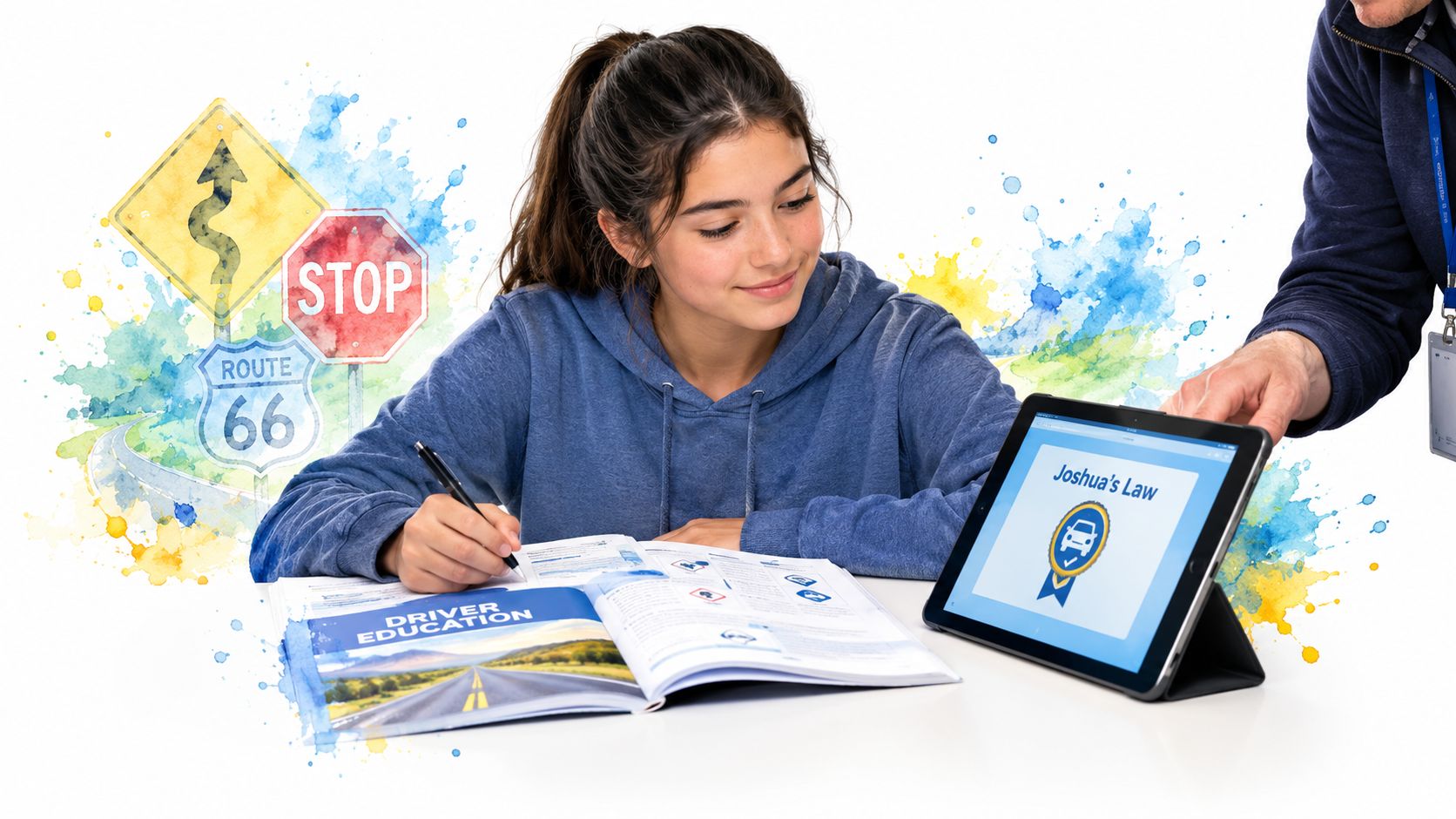 A teenage girl studying for a driver education course with a tablet and a workbook.