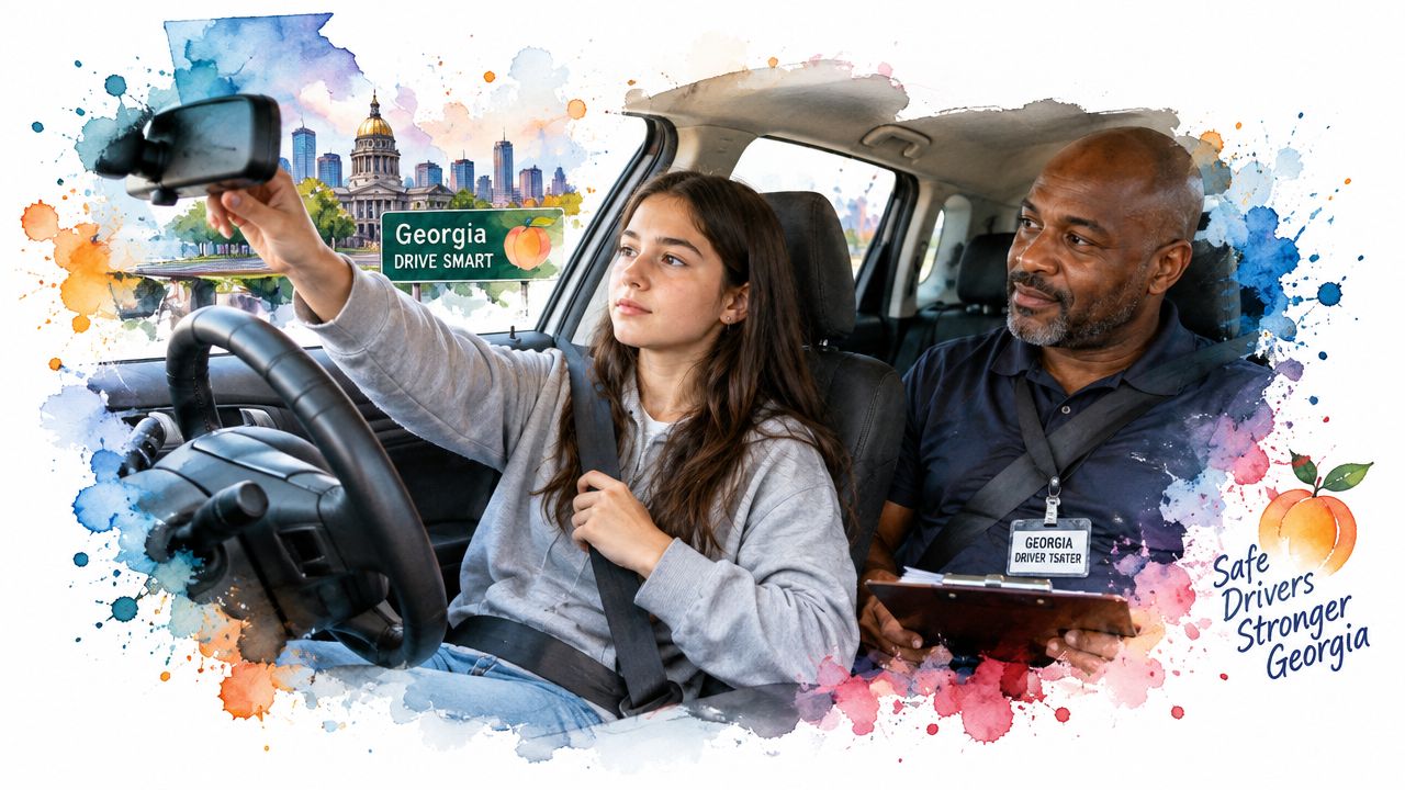 A driving instructor evaluating a teenage girl during a practical road test practice session inside a car.