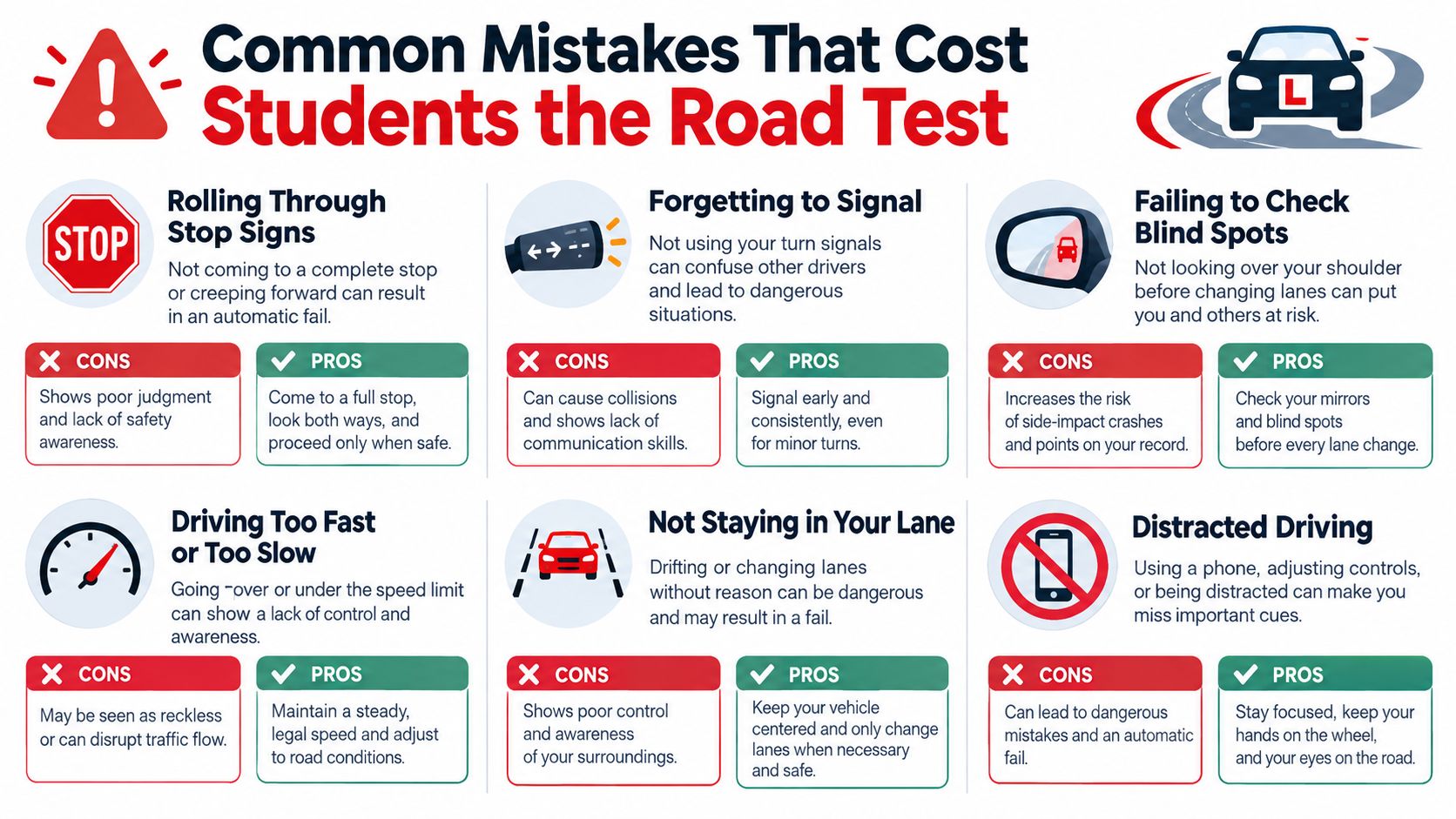 An infographic detailing common driving errors such as rolling through stop signs and distracted driving during road tests.