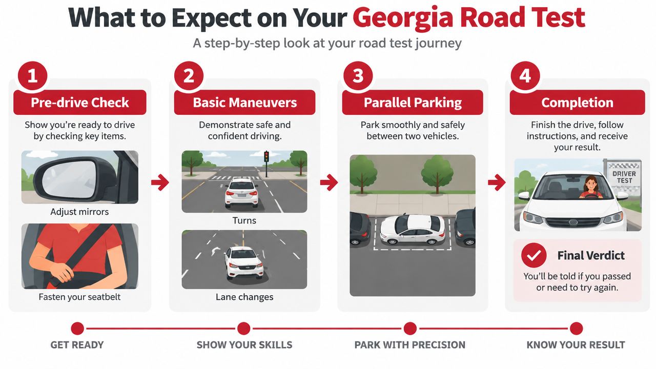 A four-step infographic illustrating the Georgia road test process including pre-drive checks, maneuvers, parking, and results.