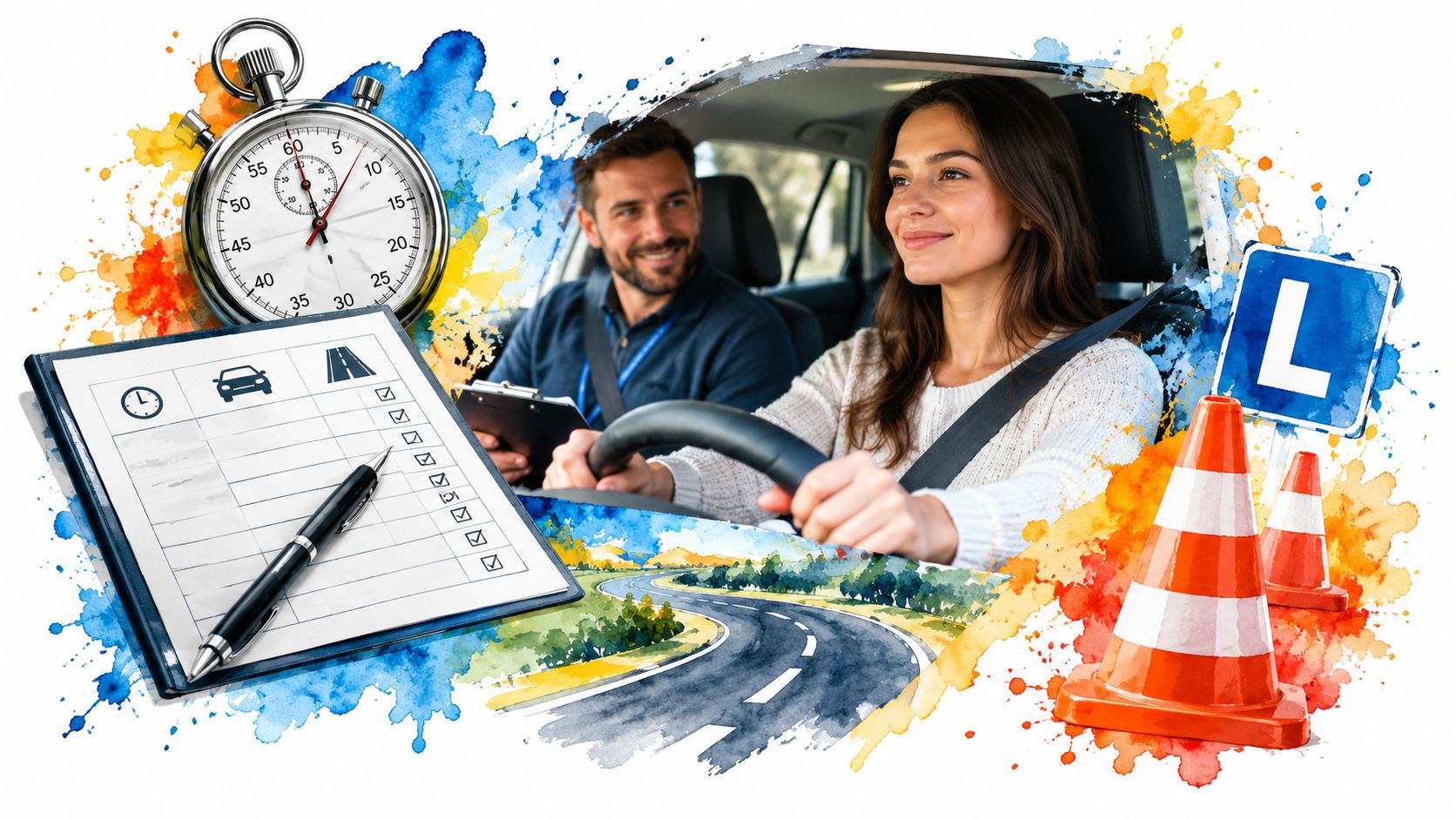 A driving instructor sits with a student in a car next to a checklist and road cones.