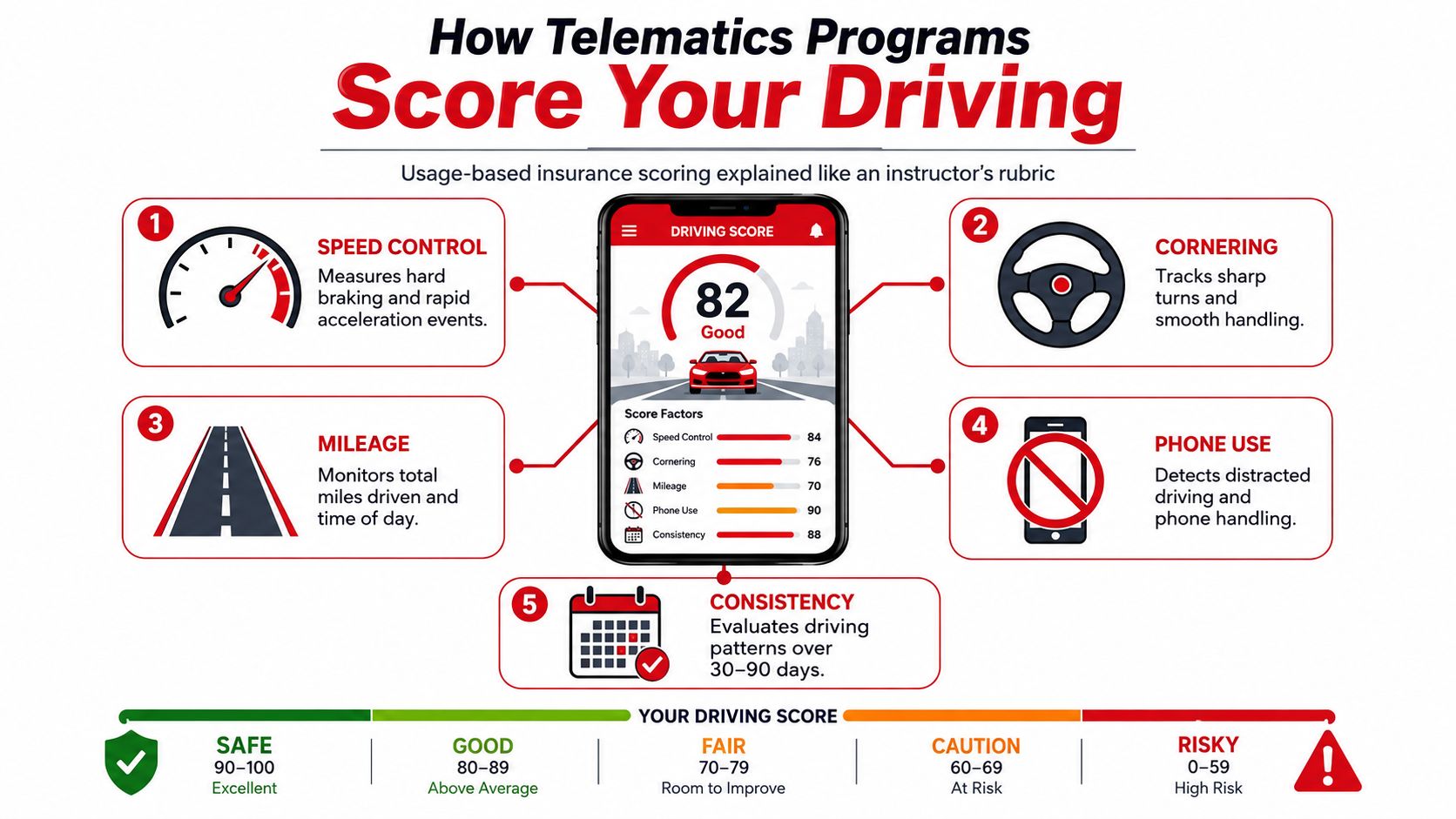 An infographic showing five factors like speed and phone use that influence your telematics car insurance driving score.