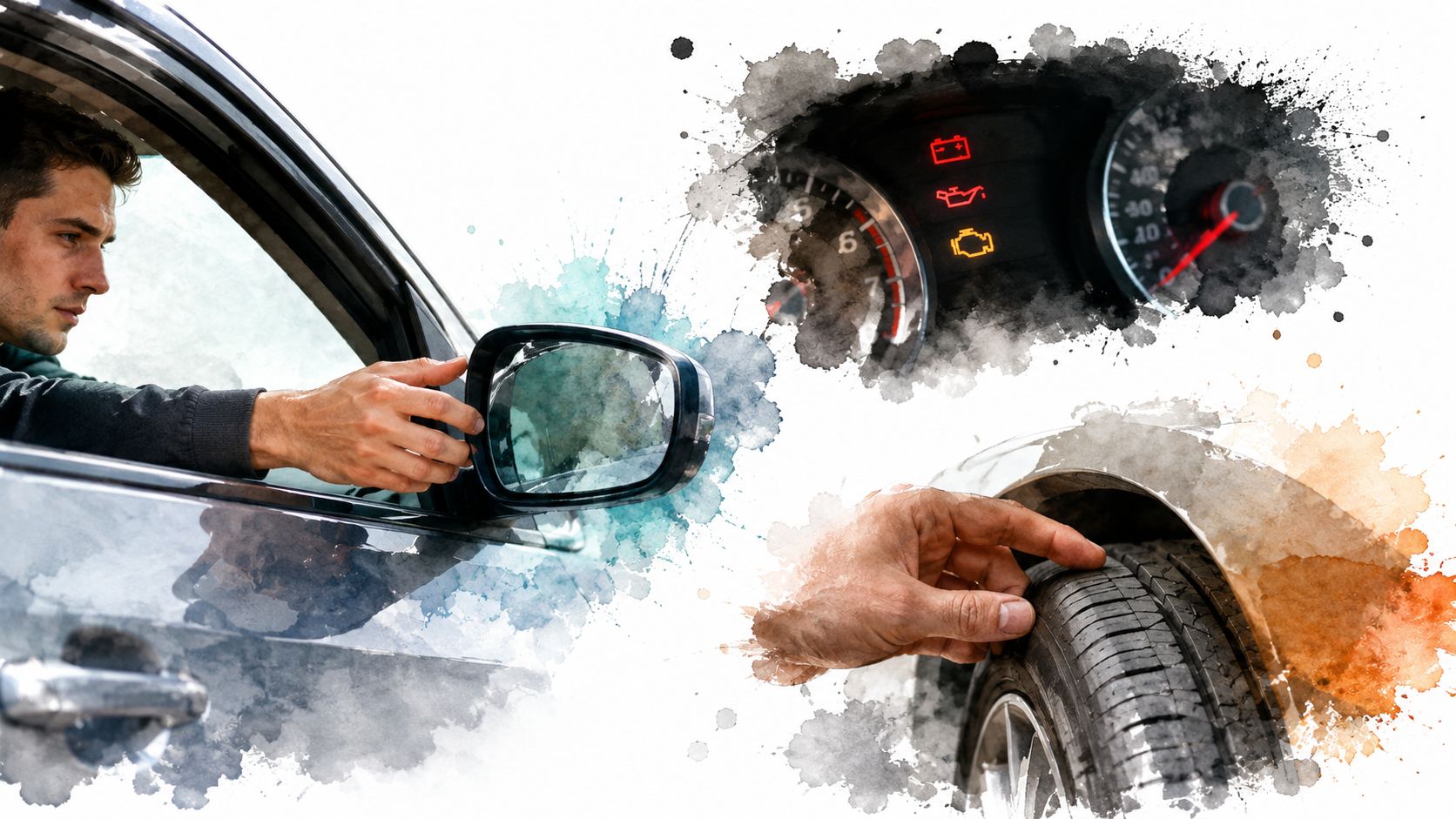 A young driver checks their car mirror alongside icons representing dashboard warning lights and tire safety inspections.