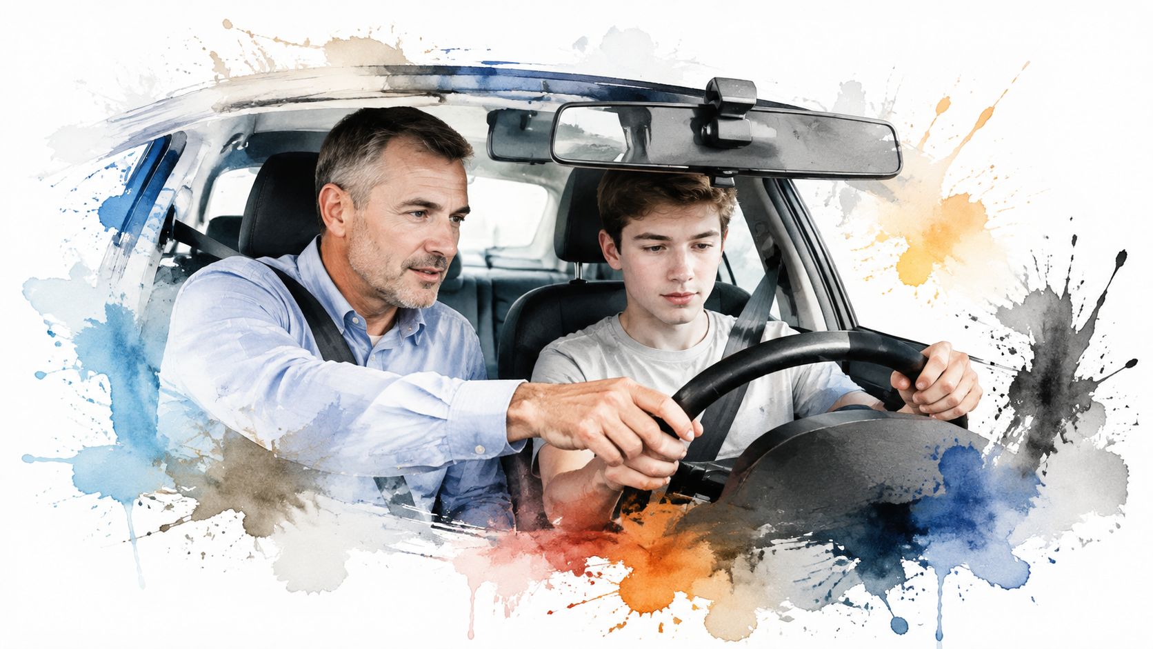 A driving instructor calmly guiding a young teenager during a driving lesson inside a car.
