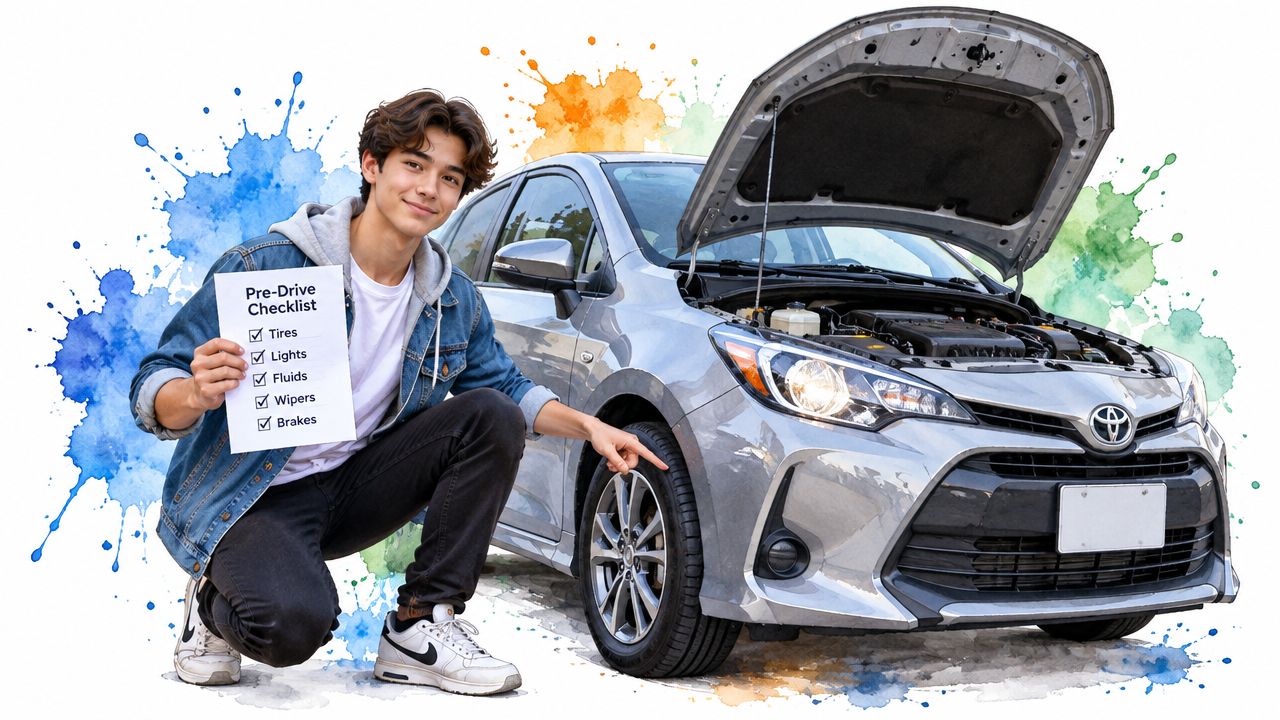 A teenage boy holding a pre-drive safety checklist while pointing to the tires of his silver car.