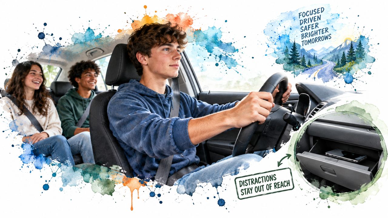 A teen driver focused on the road with passengers while their phone is safely stored away.