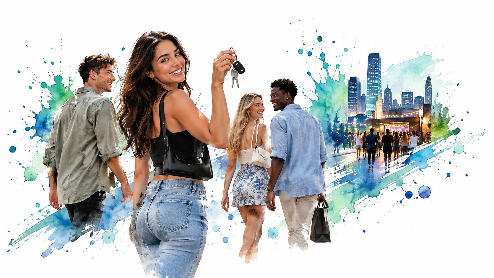 A happy group of diverse friends walking towards a city skyline while holding car keys.
