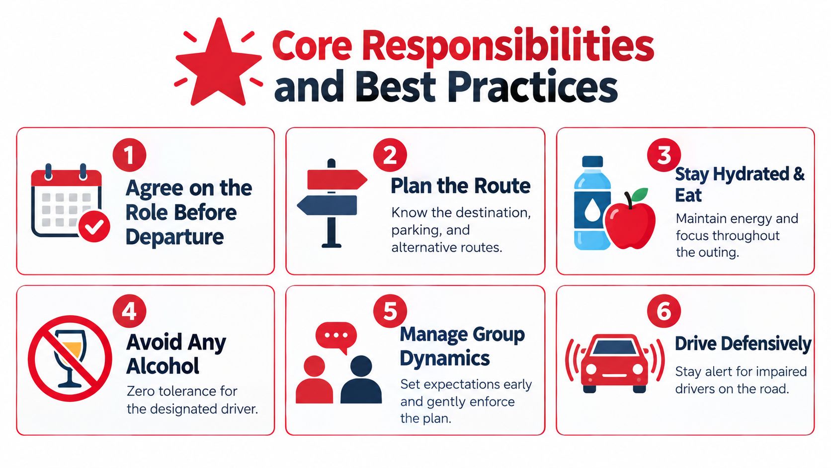 An infographic titled Core Responsibilities and Best Practices, illustrating six essential safety tips for a designated driver.