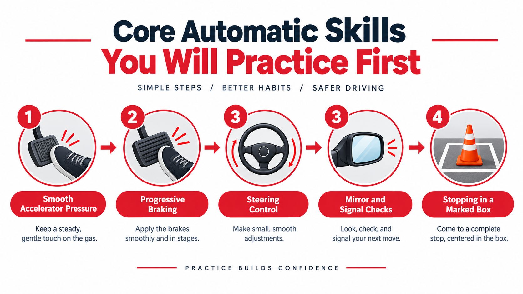 An infographic showing four essential driving skills for automatic car drivers, including braking, steering, and stopping.