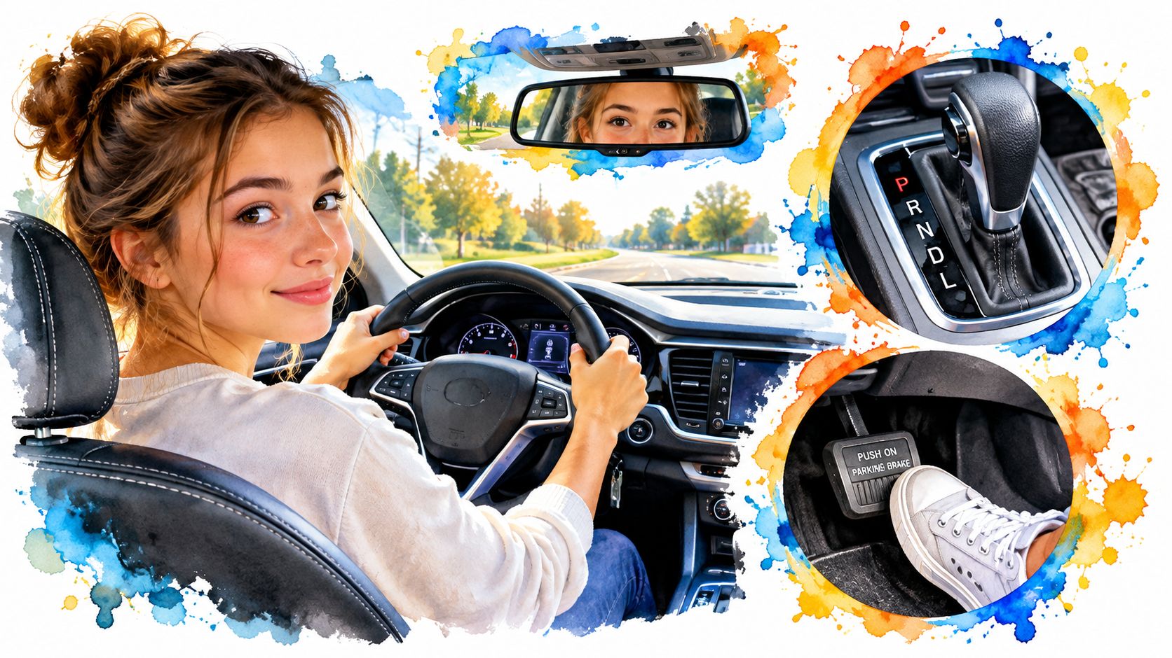 A young woman smiling while driving a car, with inset images showing the gear shifter and parking brake.