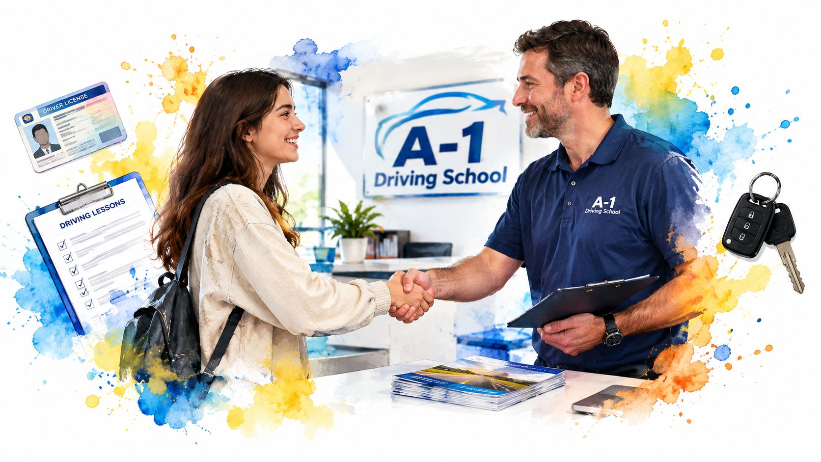 A driving instructor shaking hands with a female student at the A-1 Driving School reception desk.