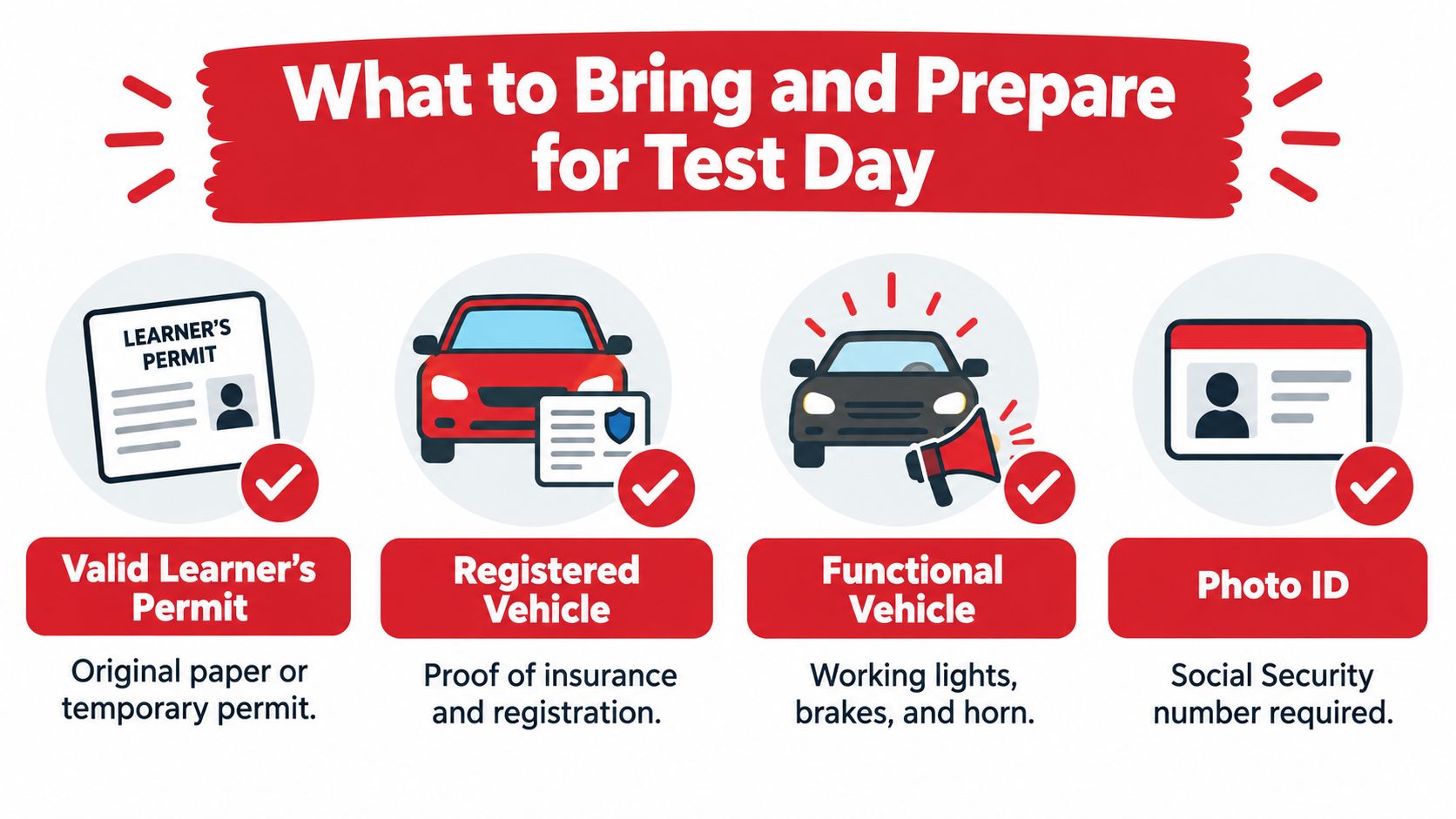 An infographic showing a checklist of documents and vehicle requirements needed for a driving test day.