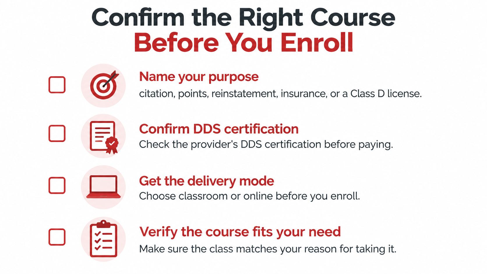 A checklist infographic titled Confirm the Right Course Before You Enroll, outlining steps for selecting a driving course.