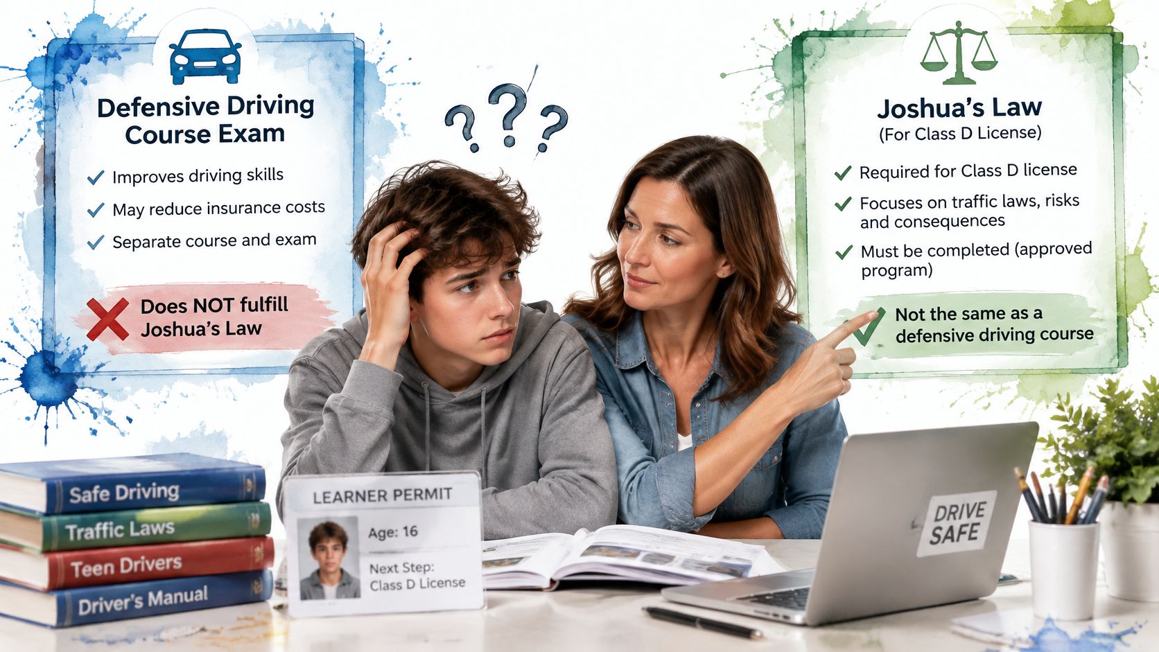 A mother explaining the differences between a defensive driving course and Joshua's Law to her teenage son.