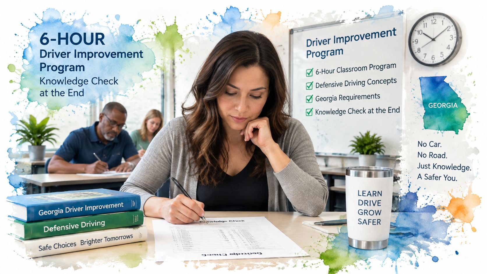 A woman concentrating on her Georgia driver improvement program knowledge check exam in a classroom setting.