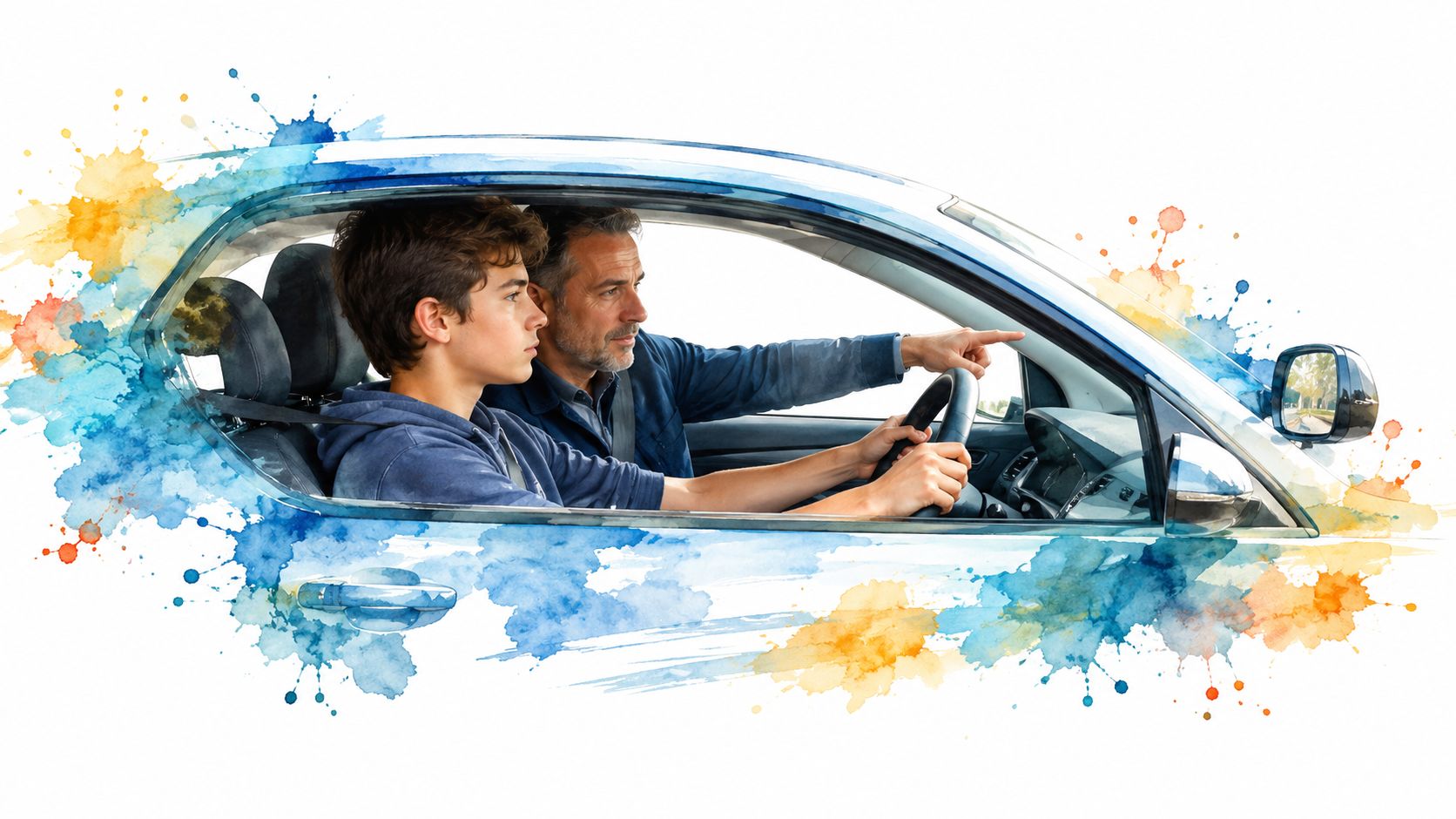 A father teaching his teenage son how to drive a car with professional instruction and guidance.
