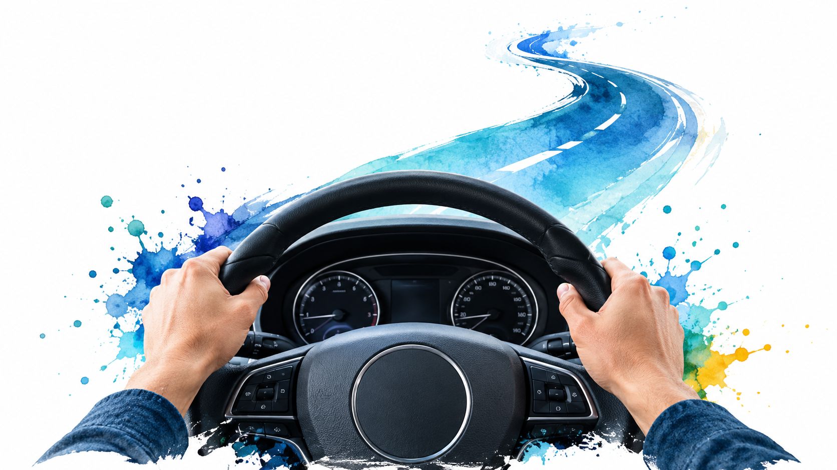 First-person view of a person driving a car with a conceptual watercolor road in the background.