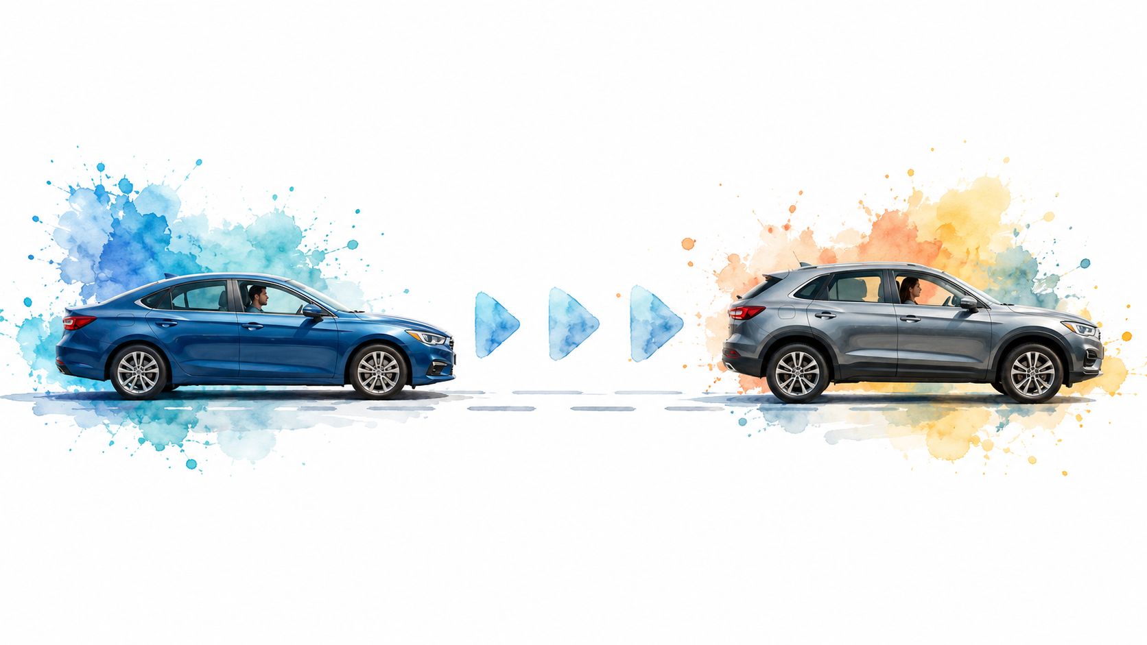 A blue sedan and a gray SUV driving on a path with watercolor-style arrows between them.