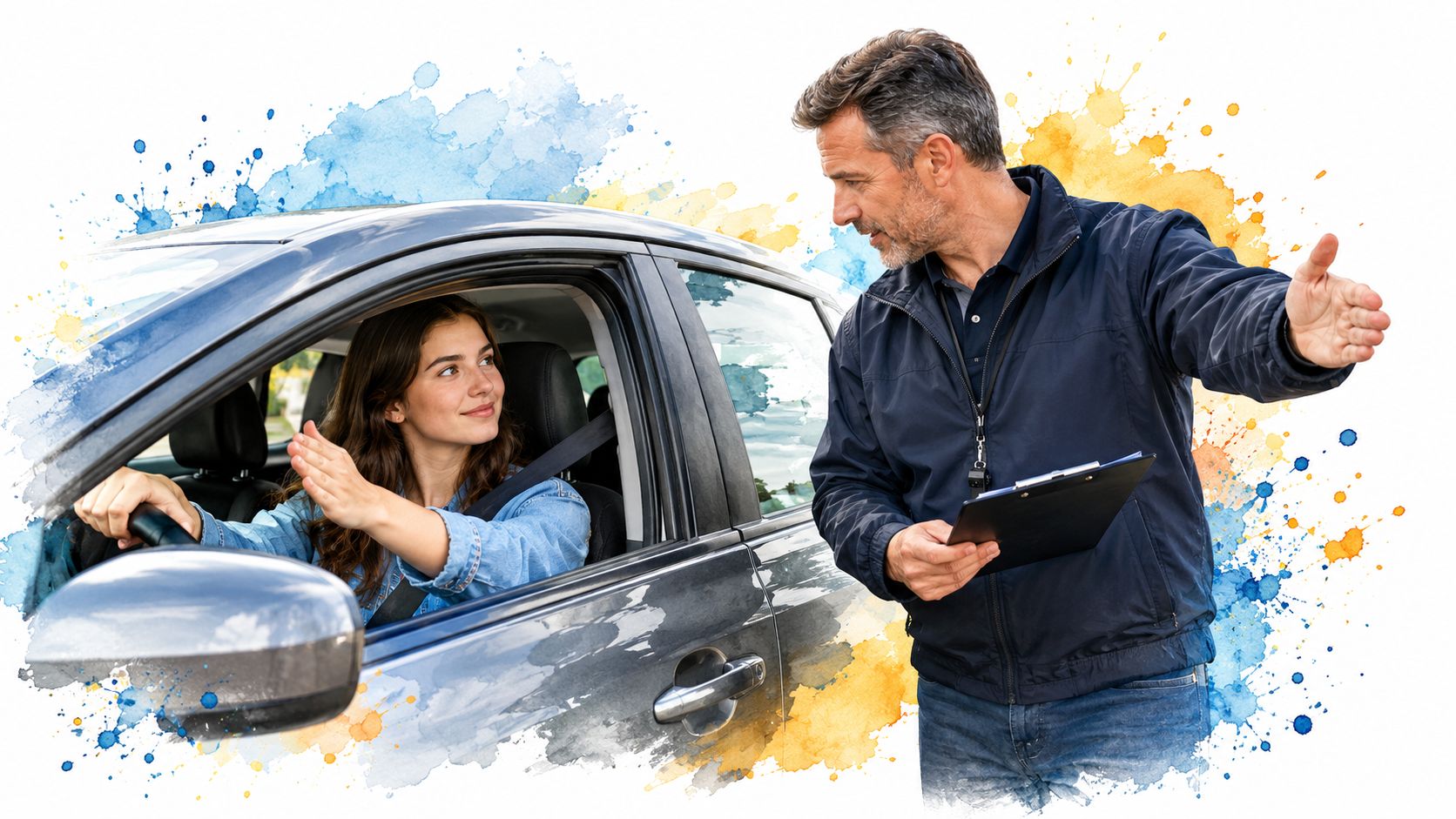 A driving instructor gestures to a student seated inside a car during a practical driving lesson.