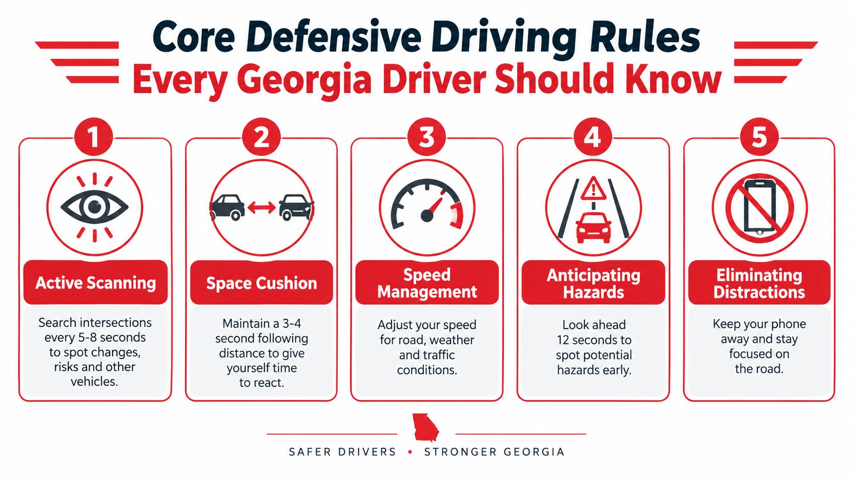 An infographic titled Core Defensive Driving Rules Every Georgia Driver Should Know, listing five essential safety tips.