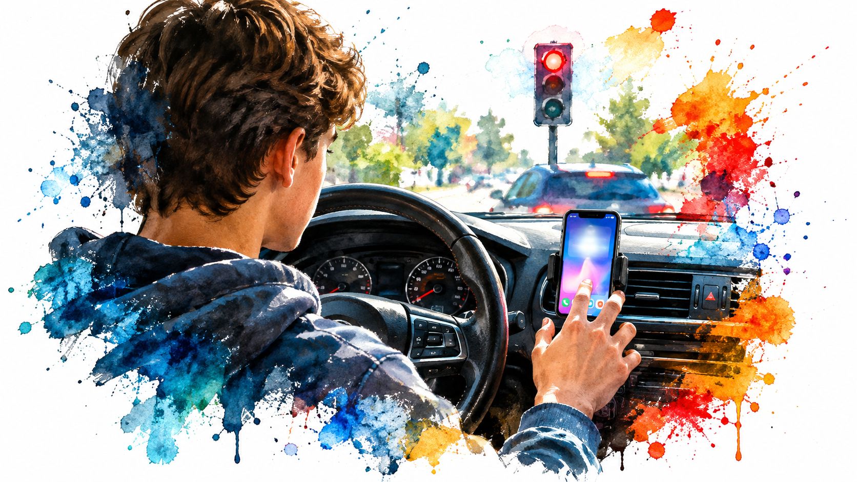 A young driver using a mobile phone while operating a vehicle at a traffic light intersection.