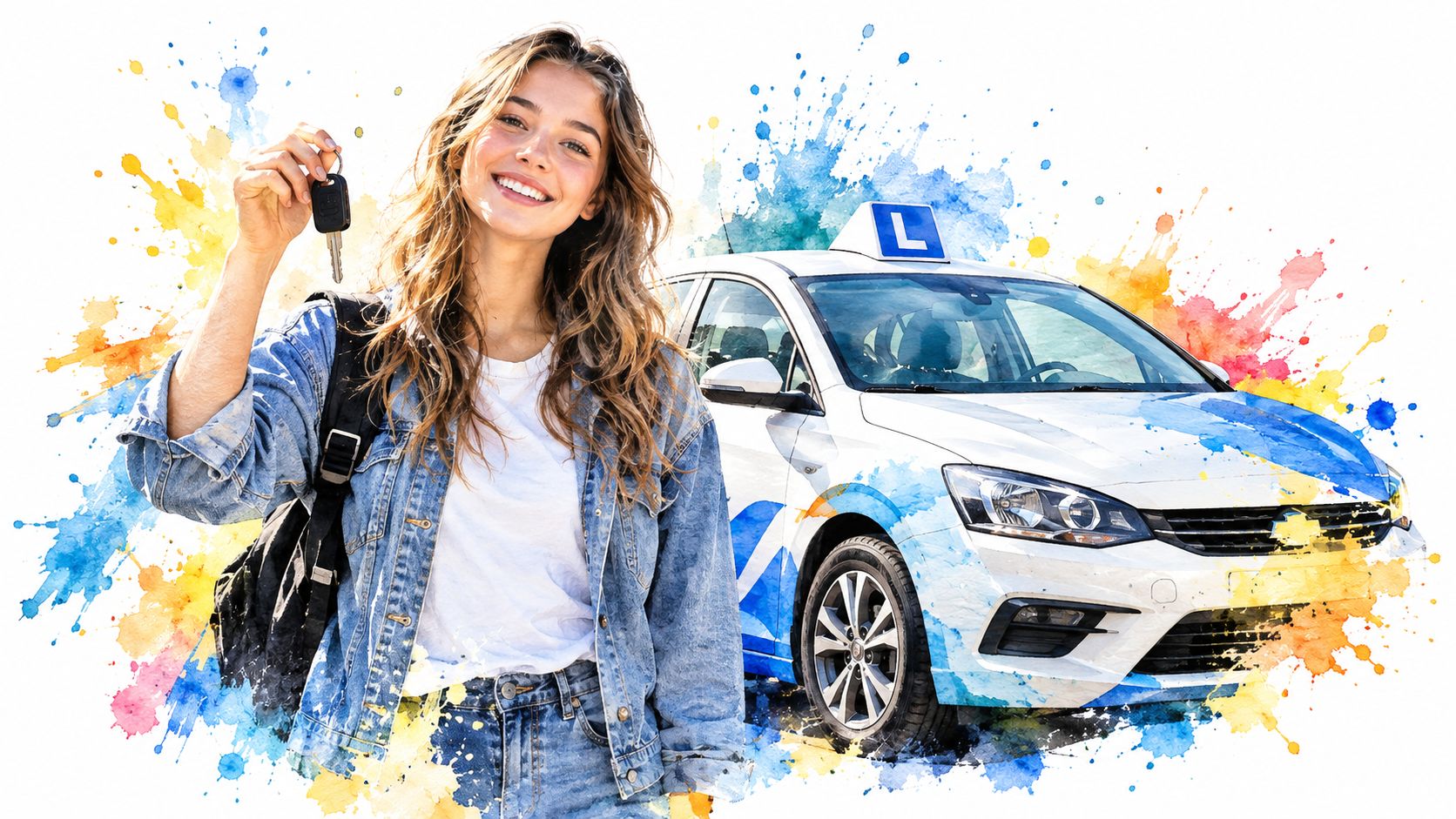 A happy young woman holding car keys in front of a white driving school vehicle with paint splatters