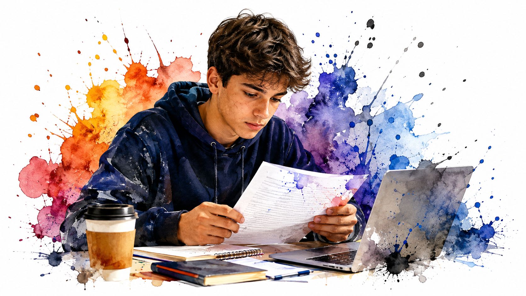 A young student sitting at a desk studying with papers and a laptop while drinking coffee.