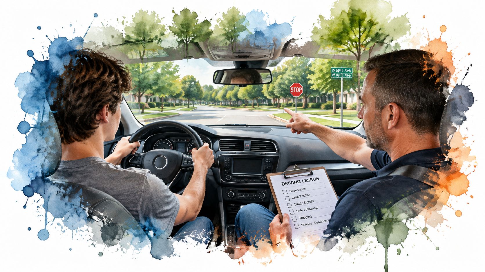 A driving instructor points towards a stop sign while teaching a student in a car during a lesson.