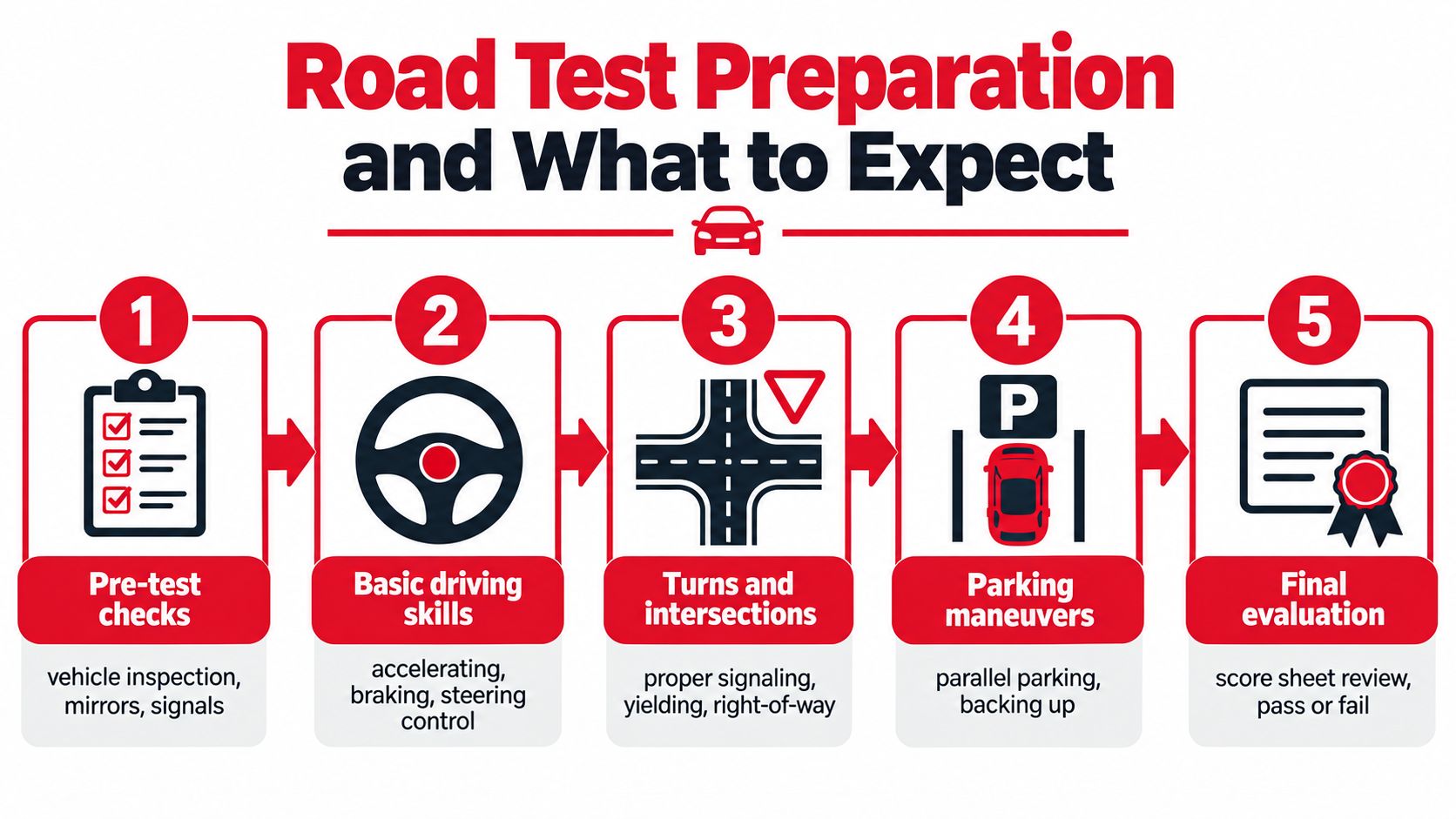 A five-step infographic showing the stages of preparing for and taking a driver's road test.
