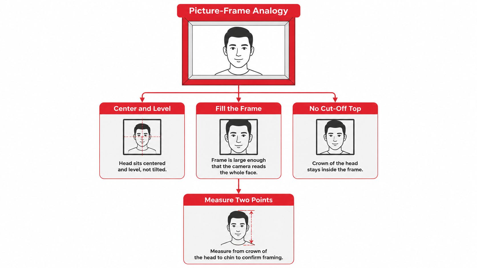 A diagram explaining picture-frame photography guidelines for proper head positioning and framing in identification photos.