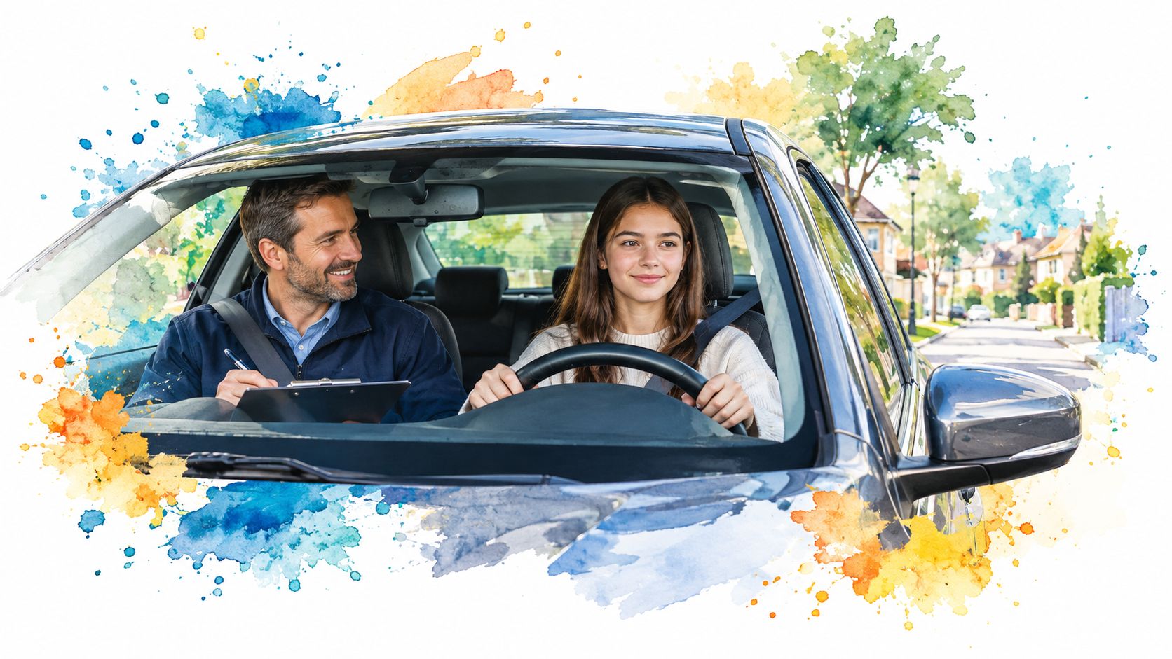 A driving instructor evaluating a young female student driver during a behind the wheel practice lesson.