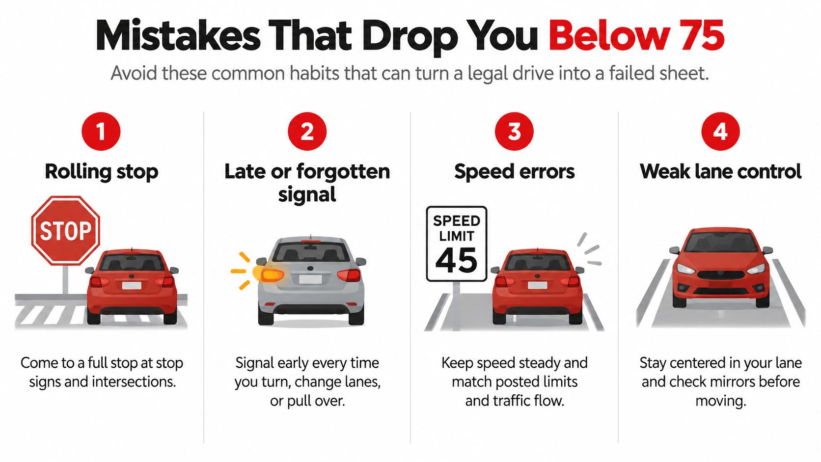 An infographic showing four common driving test mistakes like rolling stops, poor signaling, speed errors, and lane control.