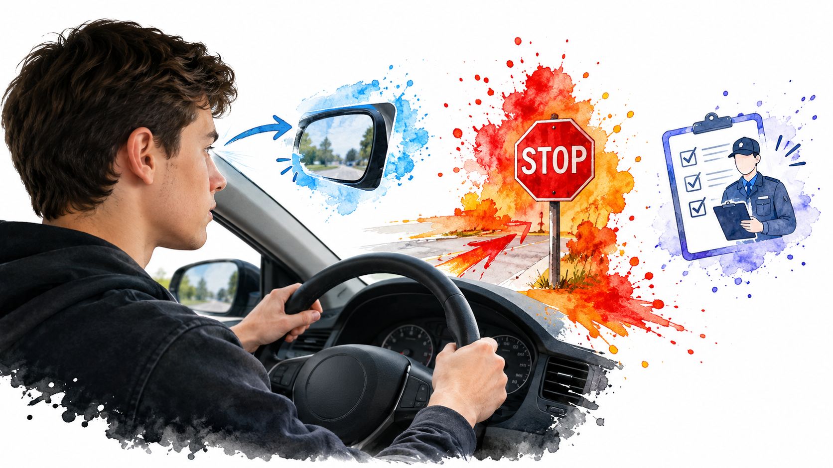 A young driver looking at a mirror while navigating driving test requirements involving a stop sign.
