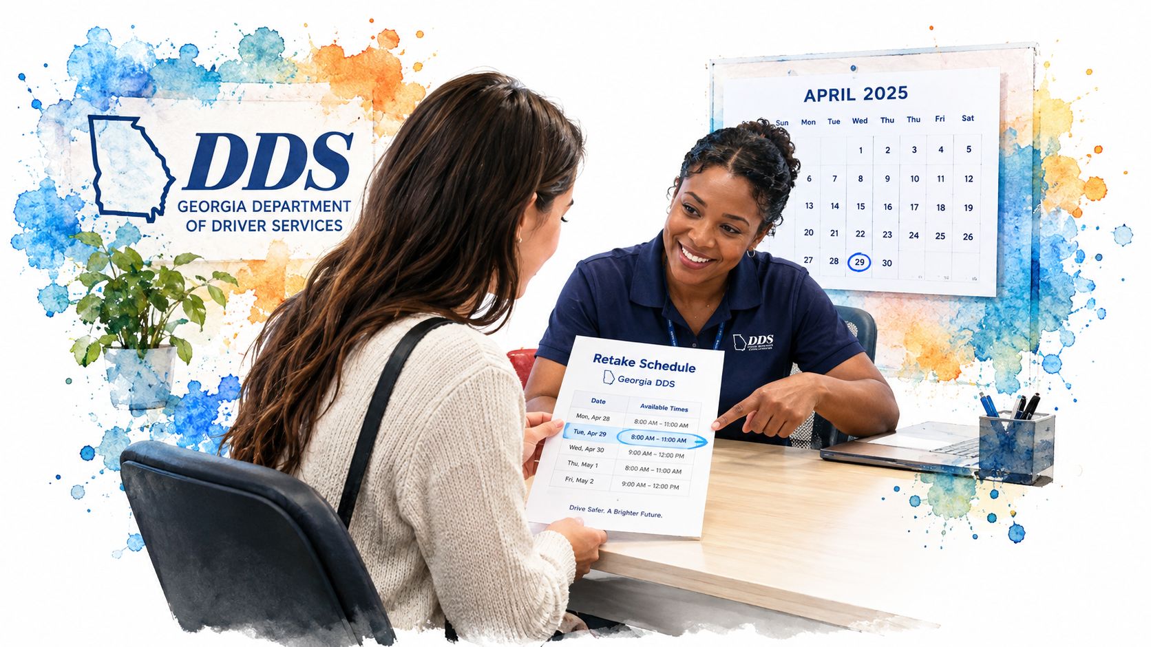 A Georgia DDS representative assists a customer with scheduling a retake for their failed driver test.