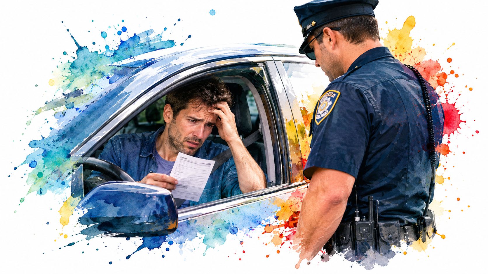 A distressed male driver holds a traffic ticket while being questioned by a police officer through his car window.