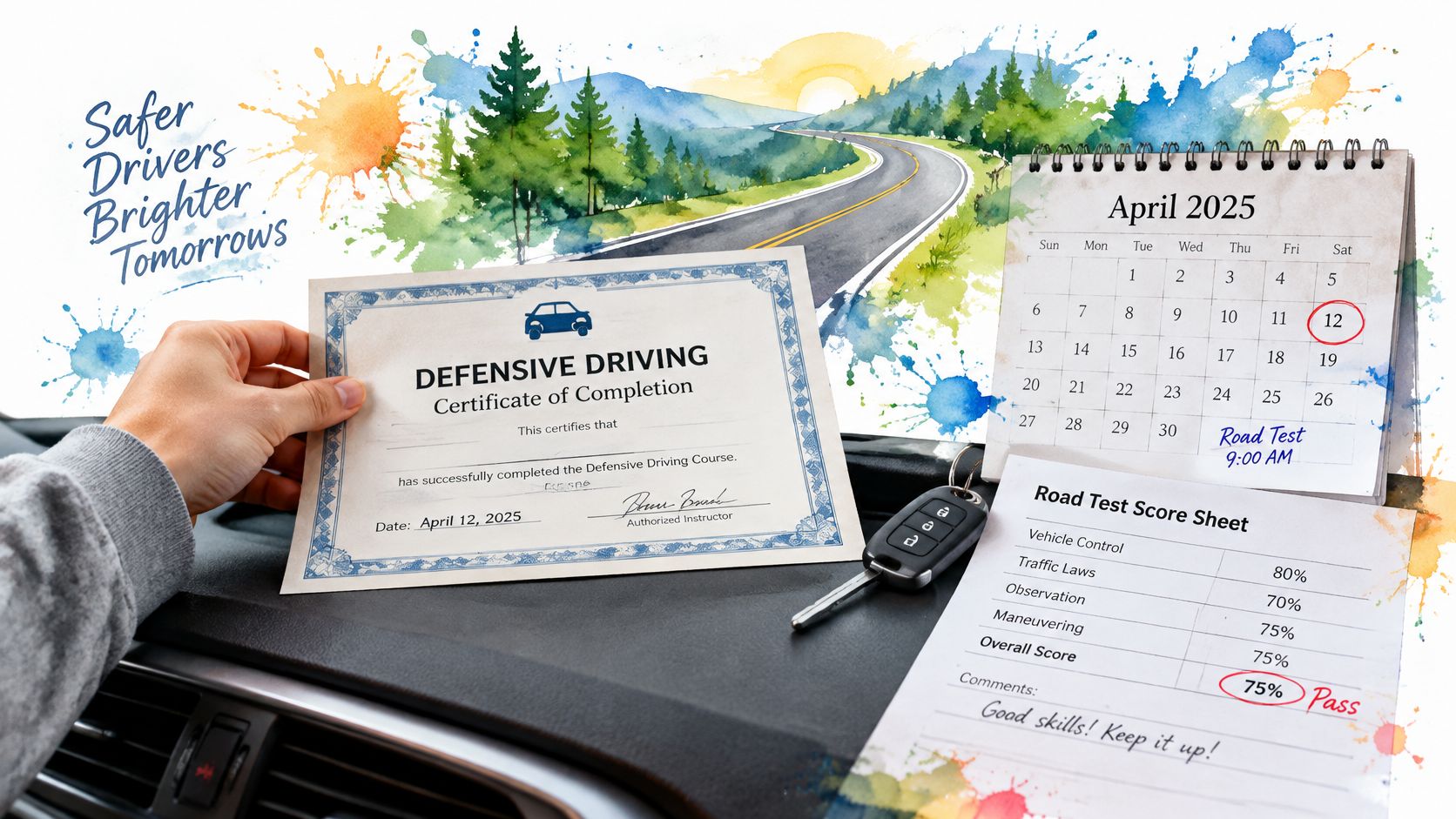A hand holds a defensive driving certificate next to a calendar marked for a road test.