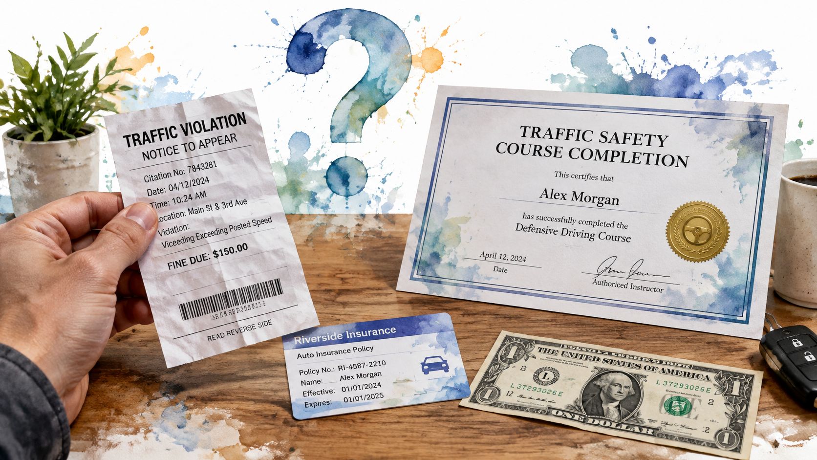 A hand holds a traffic citation next to a defensive driving course certificate, insurance card, and money.